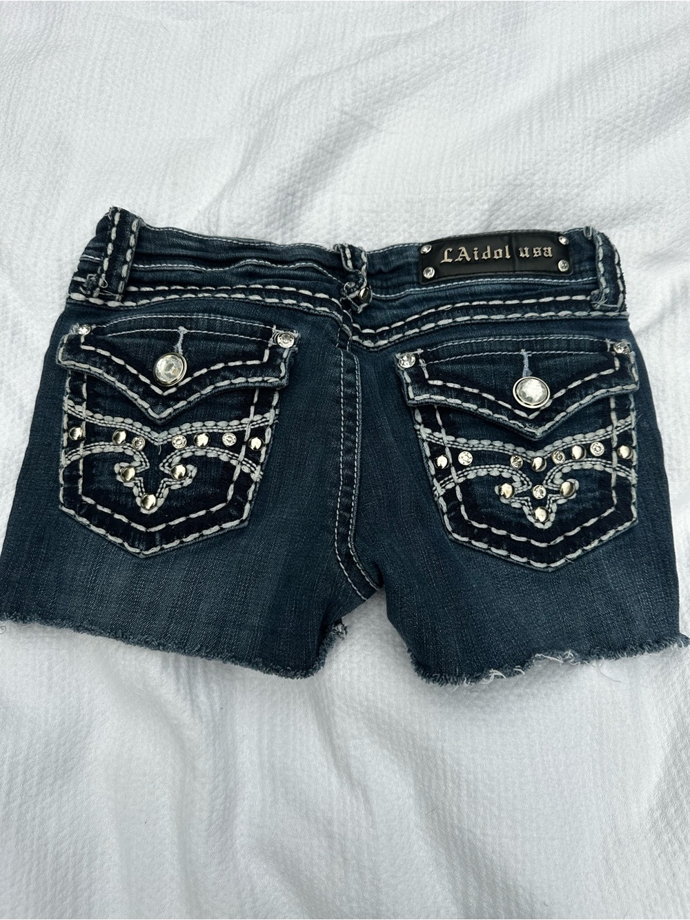 L.A. idol Dark Wash Denim Shorts with Rhinestone & Contrast Stitching